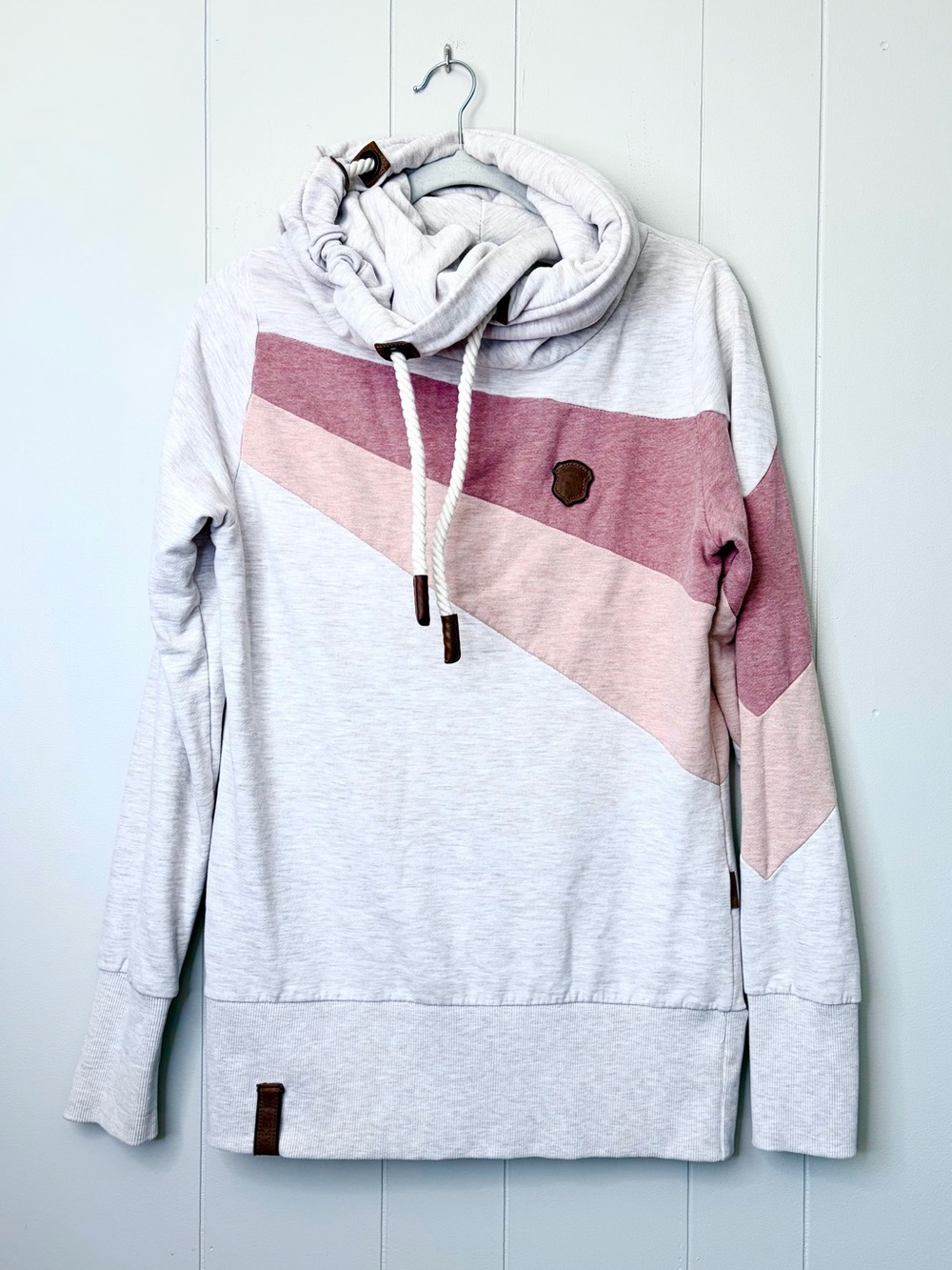 Naketano Oatmeal Heather Hoodie Pink Colorblock Stripes Patches Women’s L